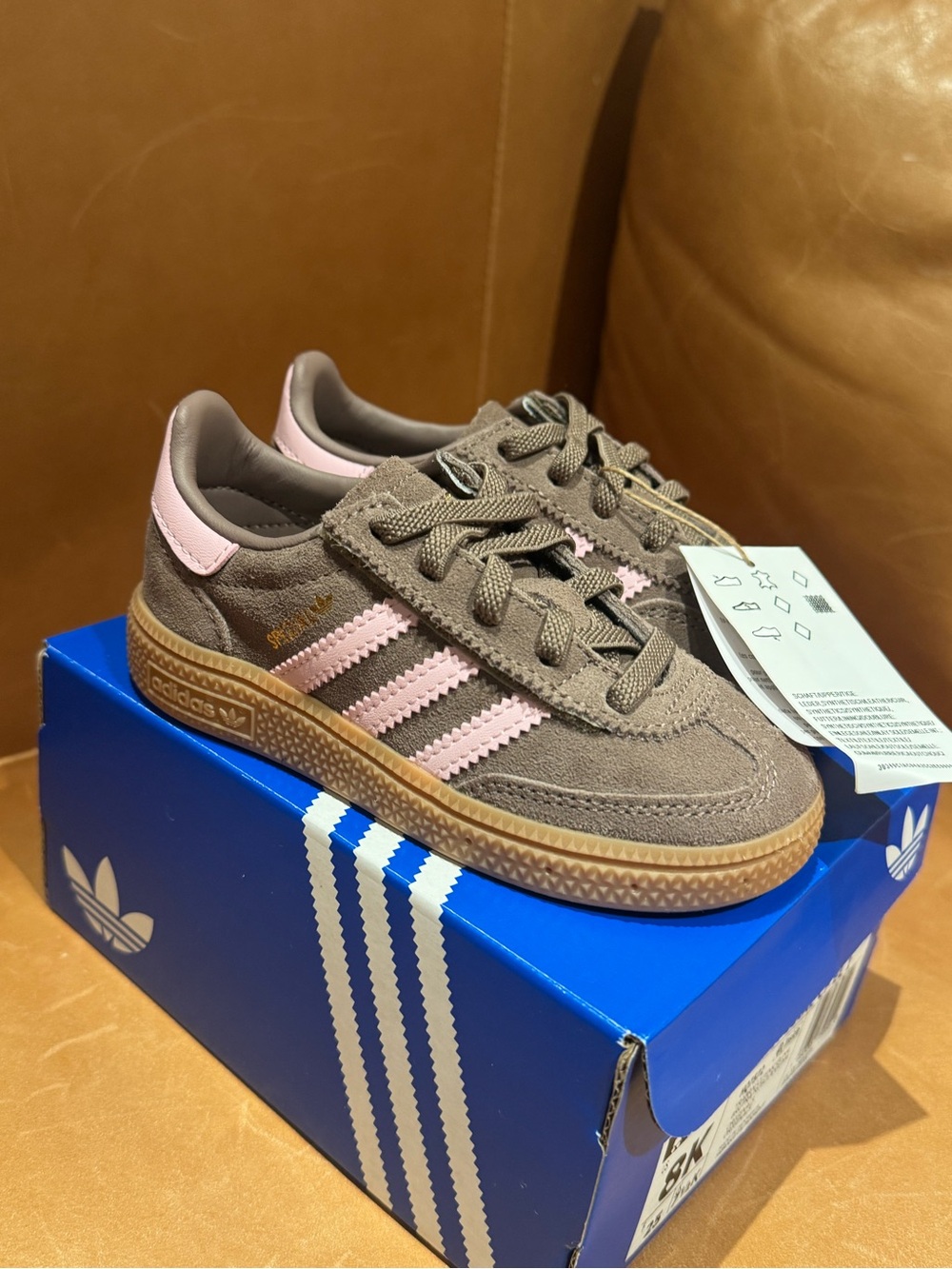 NWT size 8k adidas Gazelle Brown Suede Sneakers with Pink Stripes toddler girl